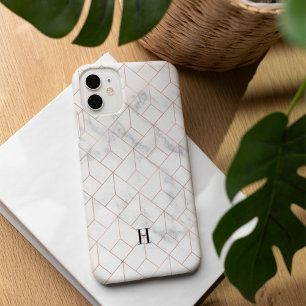 Geometric Art Deco Rose Gold & Marble Monogram iPhone 16 Case