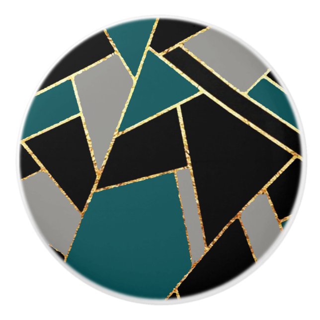 Geometric Art Deco Style in Teal and black Ceramic Knob (Front)