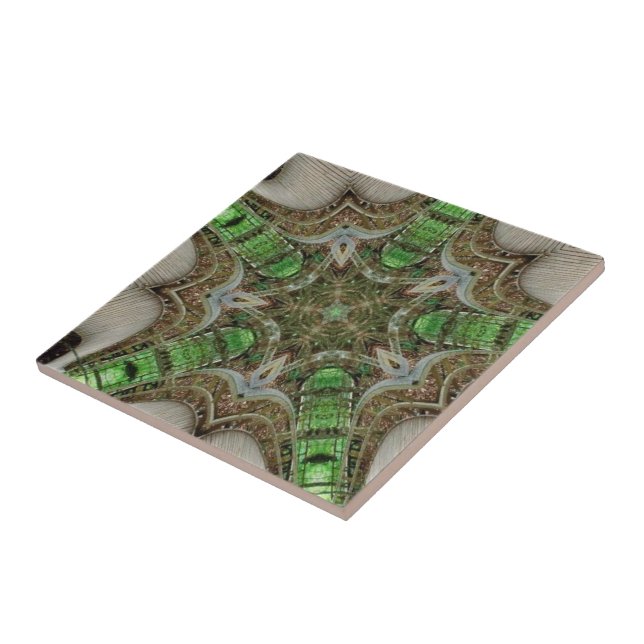 Geometric art emerald green leaf wood ceramic tile (Side)