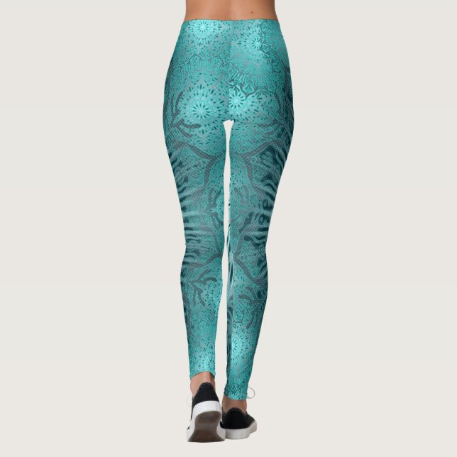 geometric art mandala floral turquoise flower yoga leggings (Back)
