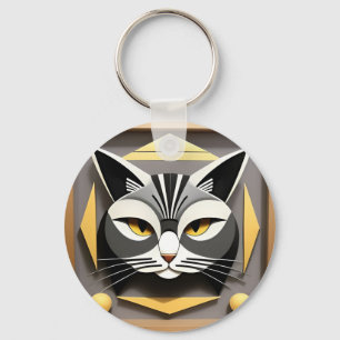 Geometric Art of a Stylized Cat Abstract Design Keychain