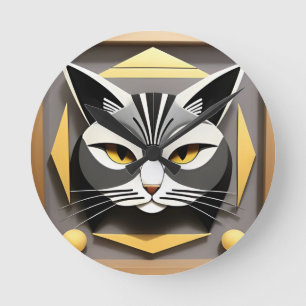 Geometric Art of a Stylized Cat Abstract Design Round Clock
