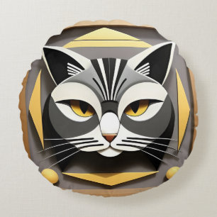 Geometric Art of a Stylized Cat Abstract Design Round Pillow