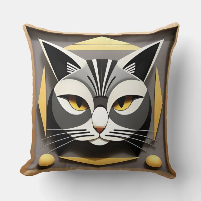 Geometric Art of a Stylized Cat Abstract Design Throw Pillow (Front)