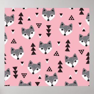 Geometric Baby Fox Woodland Pattern Poster