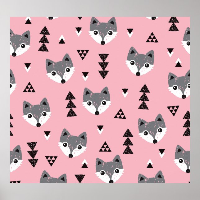 Geometric Baby Fox Woodland Pattern Poster (Front)
