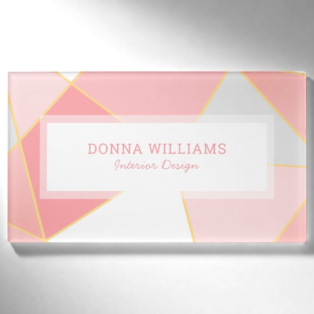 Geometric background pink white & gold name tag (Front)