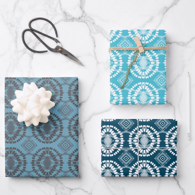 Geometric Batik Tie-Dye Blue Variety Pack Wrapping Paper Sheet (Front)