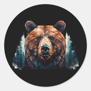 Geometric Bear Head With Mountain Tree Landscape B Classic Round Sticker
