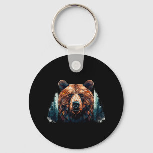 Geometric Bear Head With Mountain Tree Landscape B Keychain