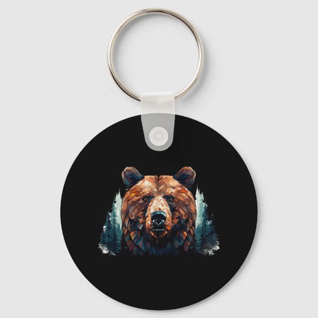 Geometric Bear Head With Mountain Tree Landscape B Keychain (Front)