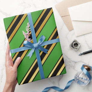 Geometric Black and Gold Stripes on Green Wrapping Paper