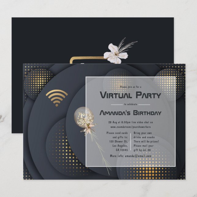 Geometric Black and Gold Virtual Birthday Party Invitation (Front/Back)