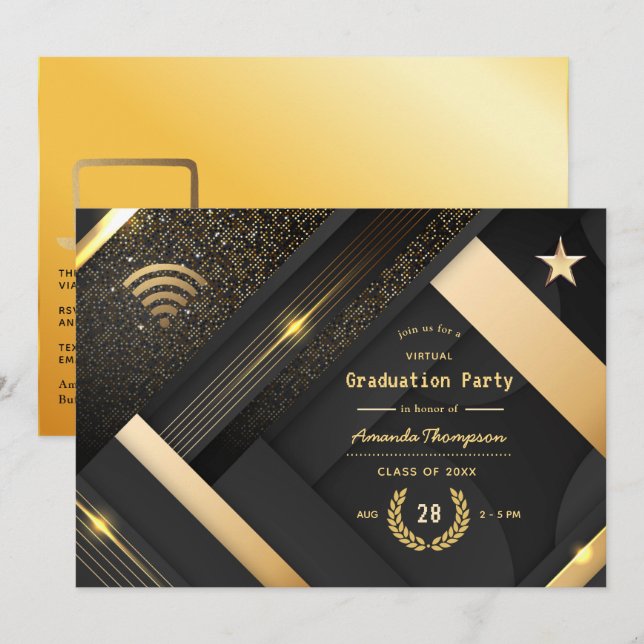 Geometric Black and Gold Virtual Graduation Party Invitation (Front/Back)