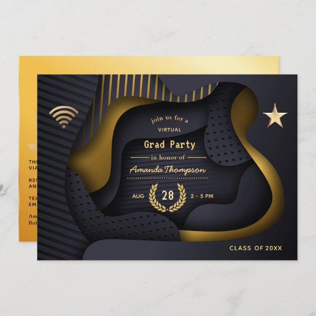 Geometric Black and Gold Virtual Graduation Party Invitation (Front/Back)