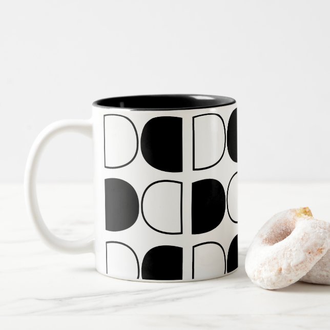 Geometric Black and White Half Circle Two-Tone Coffee Mug (With Donut)