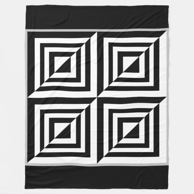 Geometric black and white pattern fleece blanket (Front)