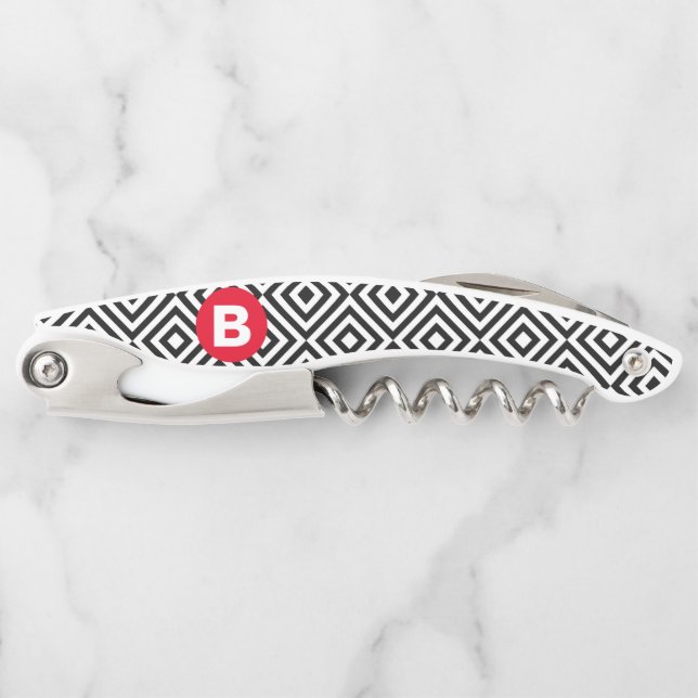 Geometric Black and White Pattern Red Monogram Corkscrew (Front)