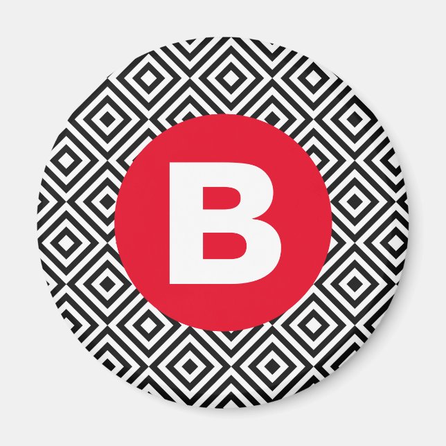 Geometric Black and White Pattern Red Monogram Magnet (Front)
