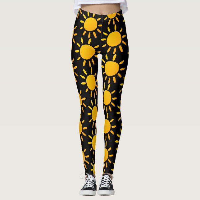 Geometric Black And Yellow Summer Sun Pattern Leggings (Front)