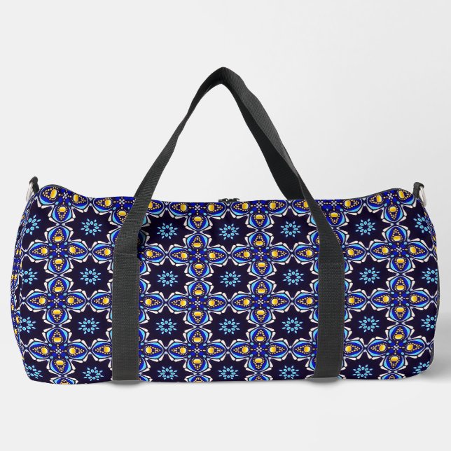 Geometric Black Blue Gold Cross Duffle Bag (Front)