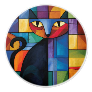 Geometric Black Cat Stained Glass Grid Ceramic Knob
