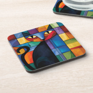 Geometric Black Cat Stained Glass Grid Coaster