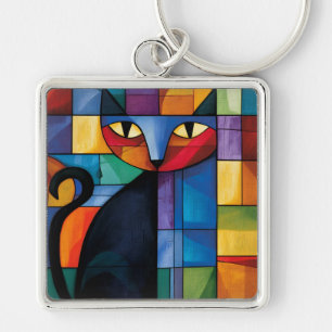 Geometric Black Cat Stained Glass Grid Keychain