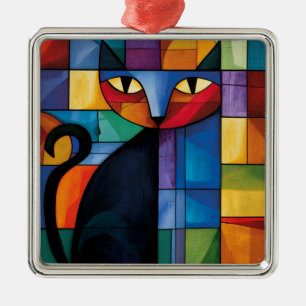 Geometric Black Cat Stained Glass Grid Metal Ornament