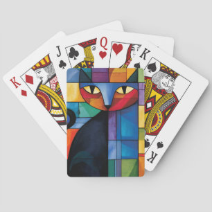 Geometric Black Cat Stained Glass Grid Playing Cards
