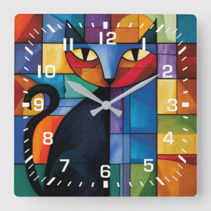 Geometric Black Cat Stained Glass Grid Square Wall Clock