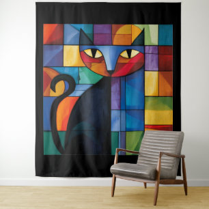 Geometric Black Cat Stained Glass Grid Tapestry