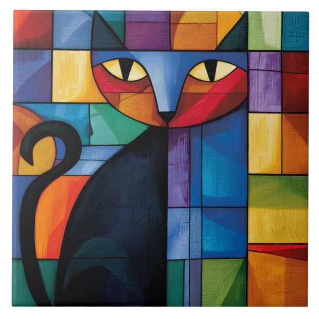 Geometric Black Cat Stained Glass Grid Tile (Front)