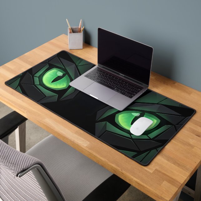 Geometric Black Cat with Emerald Green Eyes Desk Mat (Office 2)