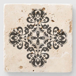 Geometric black damask design stone coaster