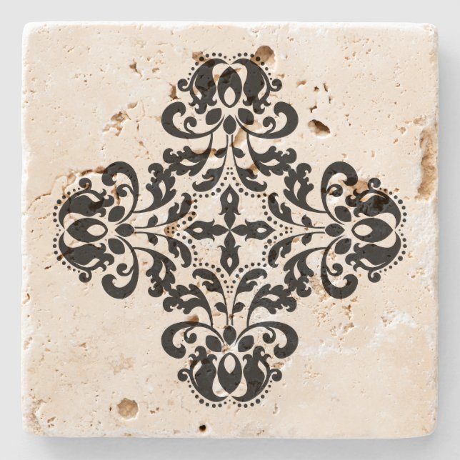 Geometric black damask design stone coaster (Front)