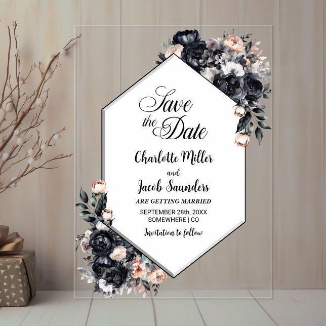 Geometric Black Floral Acrylic Save the Date Invitations (Creator Uploaded)
