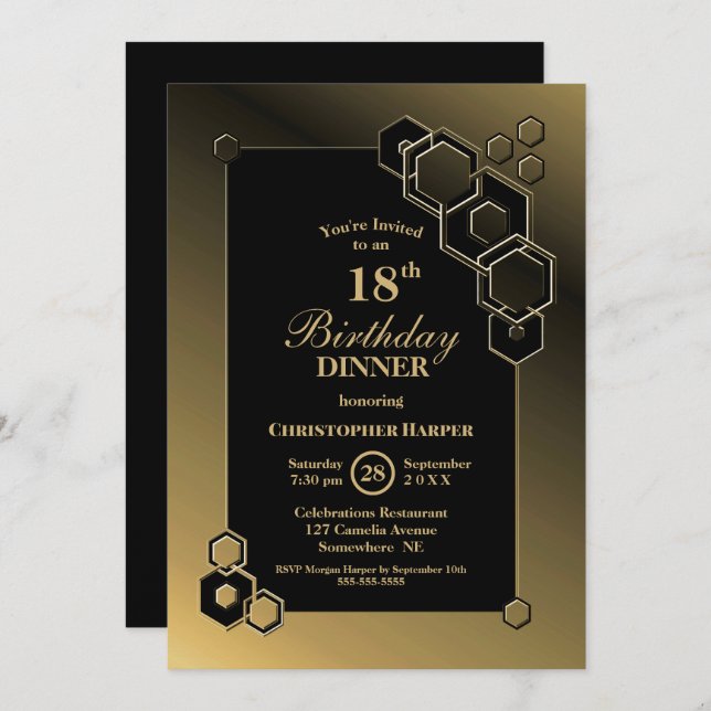 Geometric Black Gold 18th Birthday Dinner Party Invitation (Front/Back)