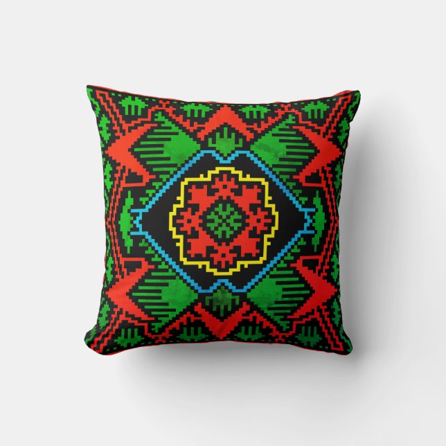 Geometric black, red, green Latvian tribal pattern Throw Pillow (Front)
