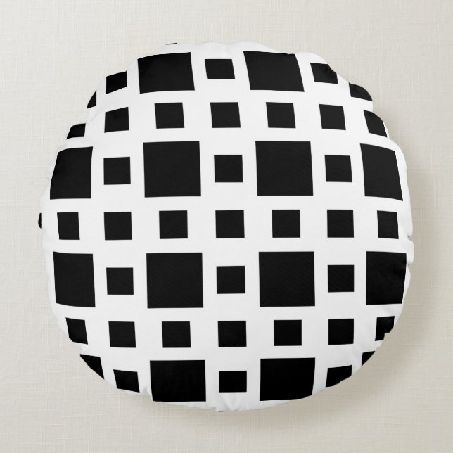 Geometric Black Squares Round Pillow (Front)
