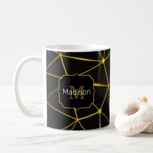 Geometric black triangles gold lines Monogram Coffee Mug (With Donut)
