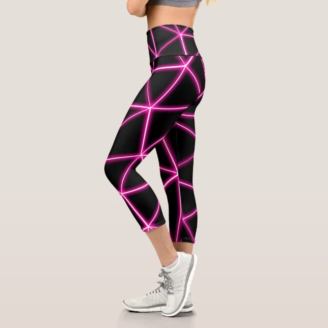 Geometric black triangles neon pink lines retro capri leggings (Left)