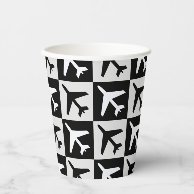 Geometric Black White Aviation Jets Airplane Paper Cups (Front)