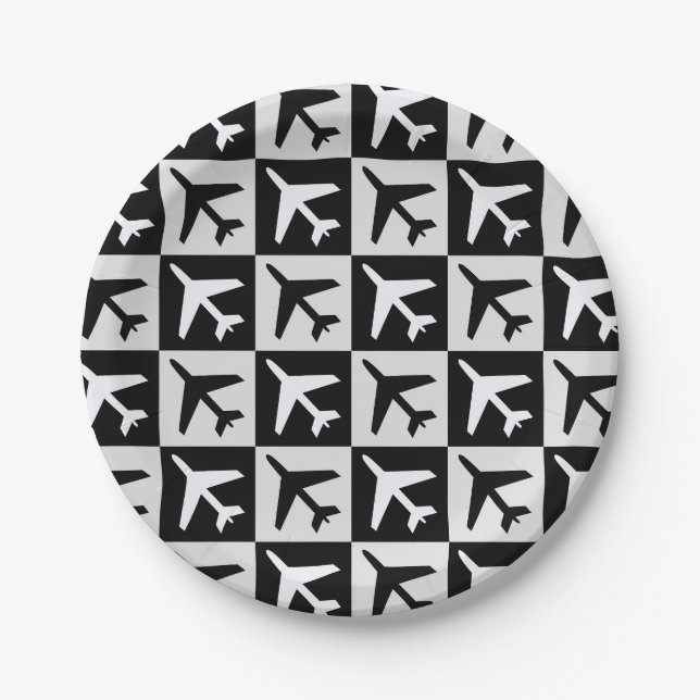 Geometric Black White Aviation Jets Airplane Paper Plate (Front)