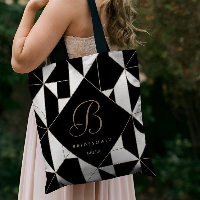 Geometric Black, White & Gold Monogram Bridesmaid Tote Bag (Creator Uploaded)