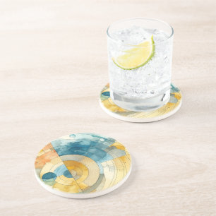 Geometric Blue and Yellow Watercolor Abstract Coaster