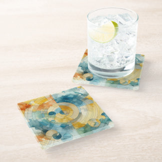 Geometric Blue and Yellow Watercolor Abstract Glass Coaster