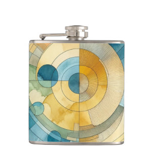 Geometric Blue and Yellow Watercolor Abstract Hip Flask