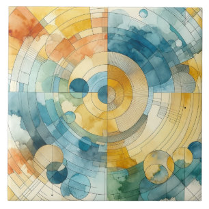 Geometric Blue and Yellow Watercolor Abstract Tile
