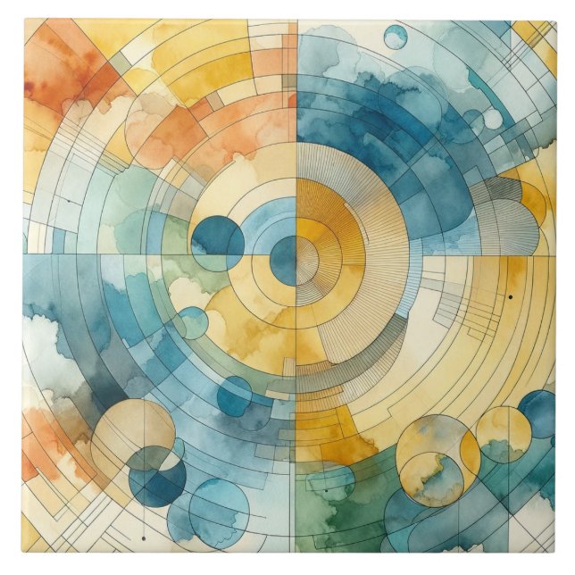 Geometric Blue and Yellow Watercolor Abstract Tile (Front)